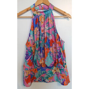 Boston Proper Shirt Womens Small Pink Tropical Floral Mock Neck Halter Top